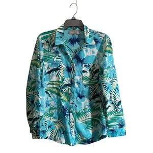 Chicos Top Large Tropical Floral Button Roll Tab Summer Vacation Hawaiian